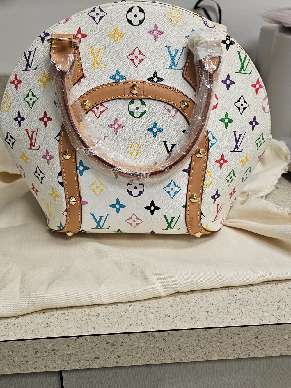 Louis Vuitton White Multicolor Monogram Satchel with Tan Trim and Gold Hardware